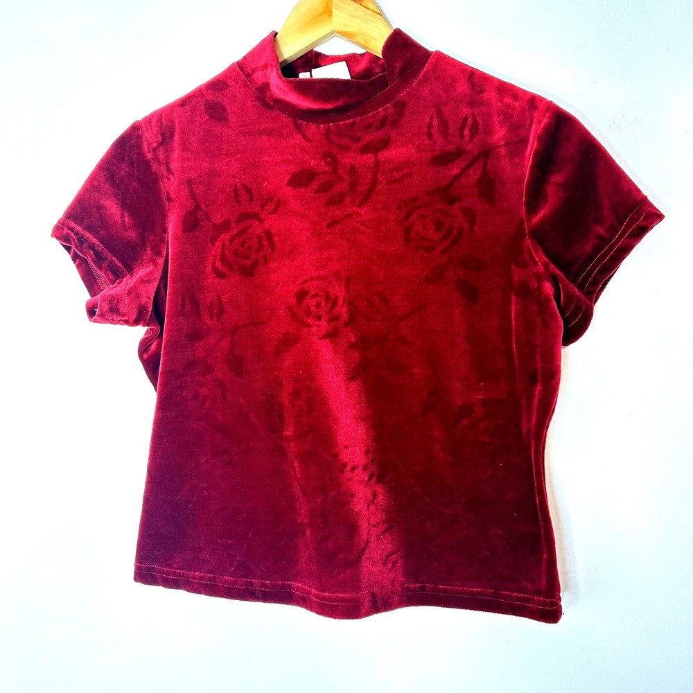 Vintage Buffy's Choice‎ Velvet Mock Neck Top Rose Floral Burgundy Medium